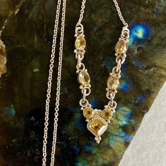 Sterling Silver 925 Multi Gemstone Citrine Collar V Necklace Cable Chain 17" - Picture 3 of 16